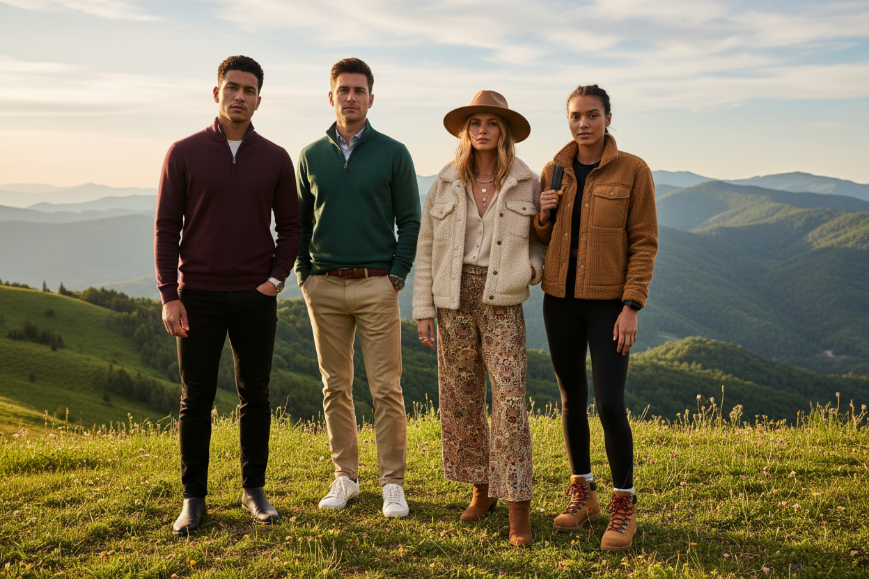 make it just 2 men and 2 women make the men dressed in quarter zips and women dressed in sherpa jackets etc make the all have their own unique style